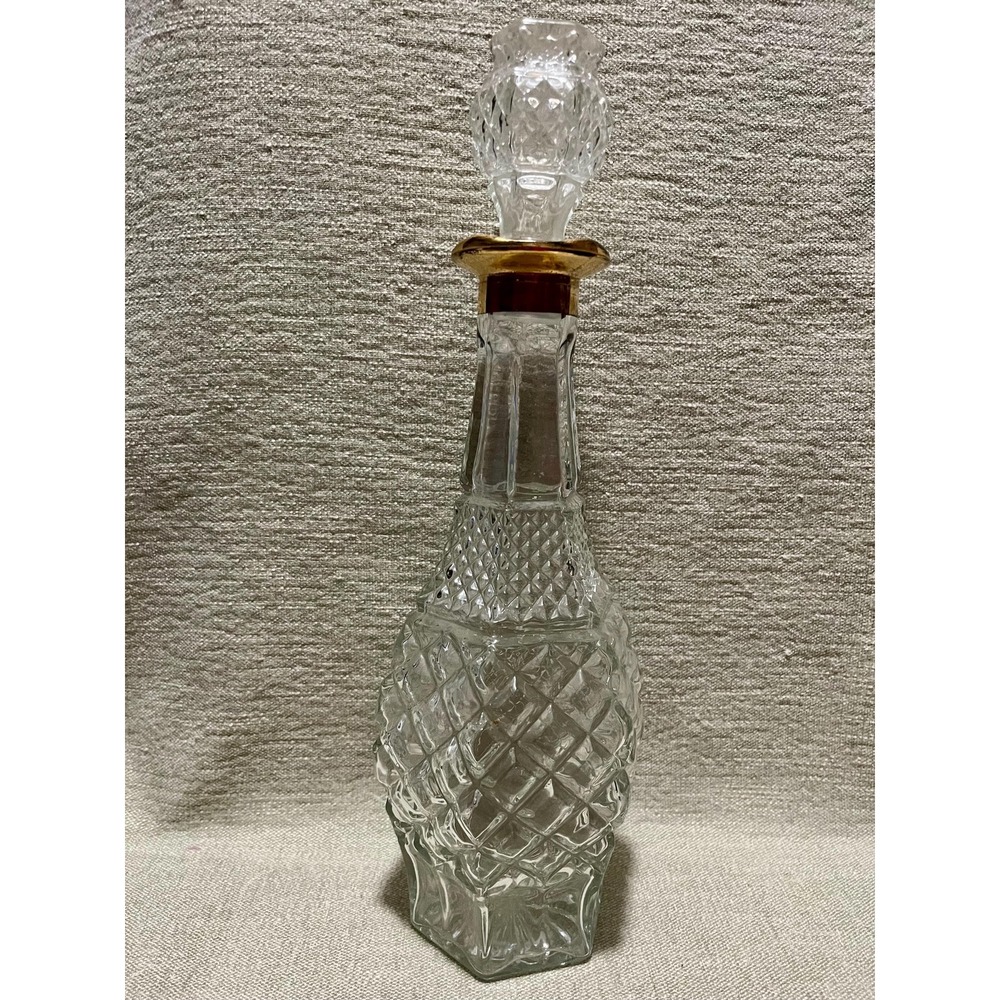 Vintage Diamond Cut Glass Decanter Gold Rim Hexagonal Base Faceted Stopper 13.5"